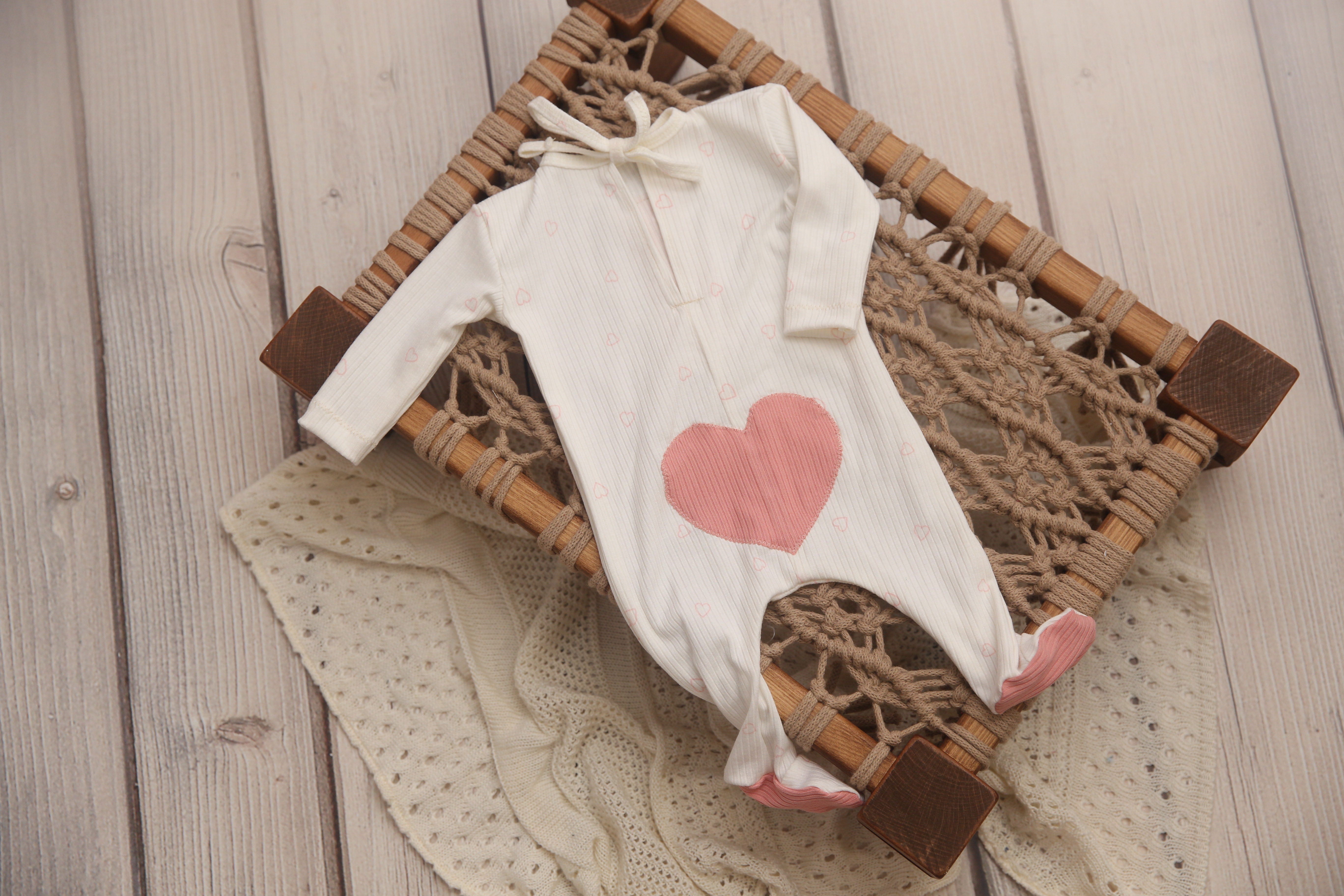 Newborn Girl Footie Jammies- White Valentine Hearts- Made to Order