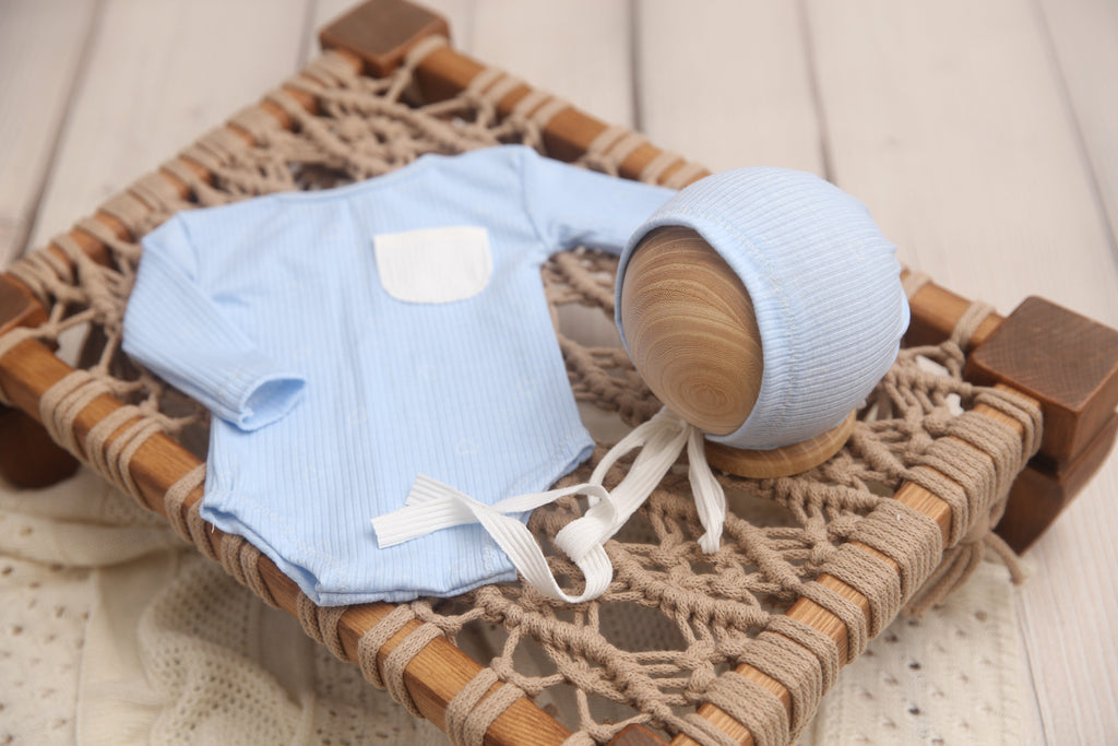 Newborn or Sitter boy bonnet or romper- Tiny BLUE Hearts Valentine- Made to Order