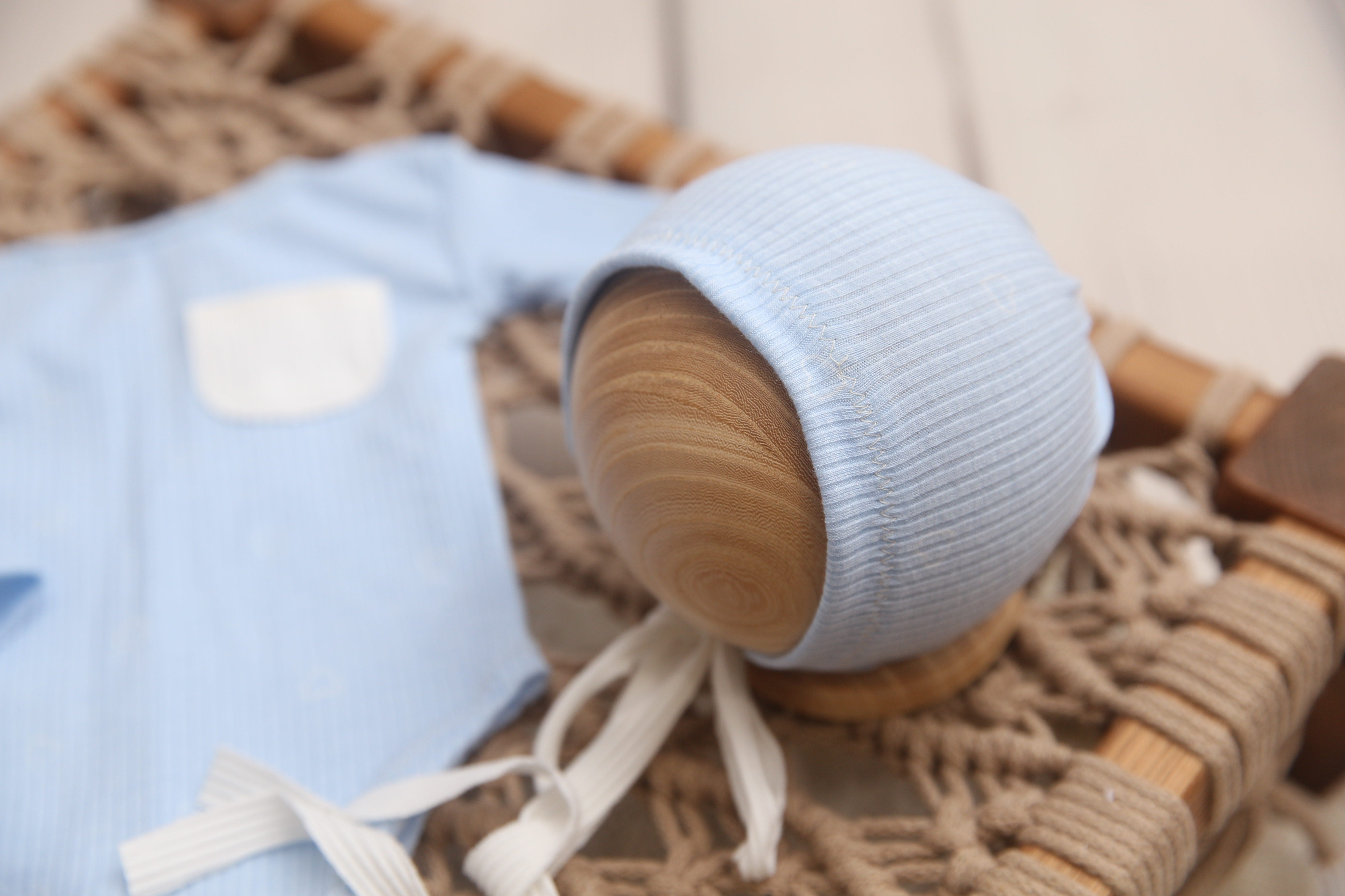 Newborn boy bonnet or romper- Tiny BLUE Hearts Valentine- READY TO SHIP