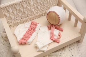 Newborn or Sitter girl bonnet, bloomers or leg warmers outfit- Tiny Hearts Valentine- Made to Order