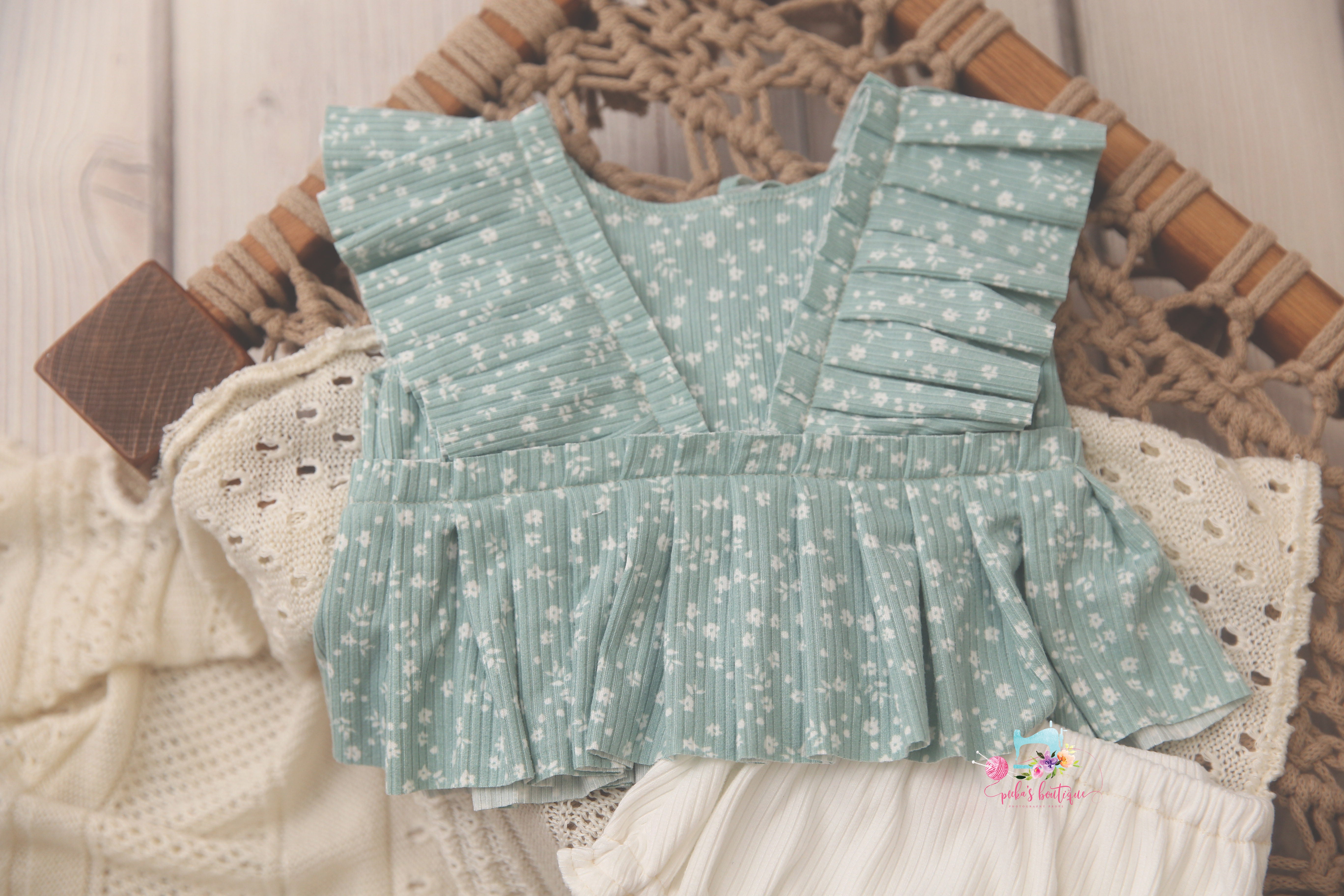 Kinsley Newborn or Sitter (6-12 Month) Mint/Taupe Scattered Floral Outfit- MADE TO ORDER
