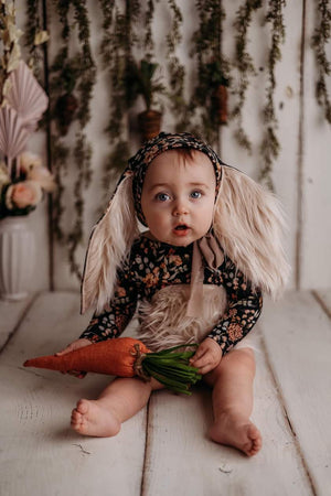 Sitter Floral Bunny Bunnies Bonnet and/or Romper- NOW AVAILABLE IN Dark Navy Blue Garden- Made to order